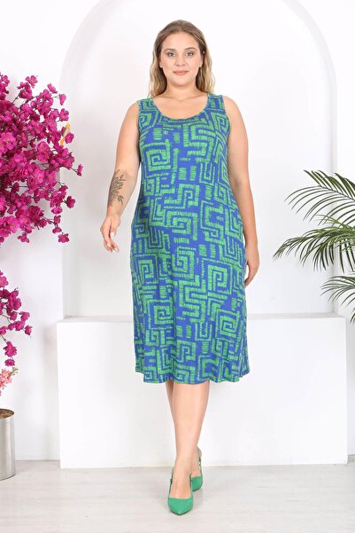 Mooi XXL Plus Size Sling Dress - Blue Green Labyrinth Pattern
