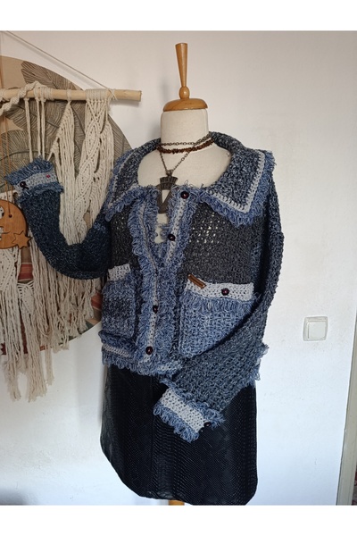 Hippybutik El Örgüsü Ceket Tüvit Dokuma Görünümlü Yün İpten Astarsız Smart Of...