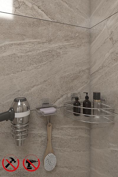 Alper Banyo Chrome Adhesive 3-Piece Bathroom Set - Ek01 Bathroom Shelf, Adhesive Soap Holder, Square Blow Dryer Hanger