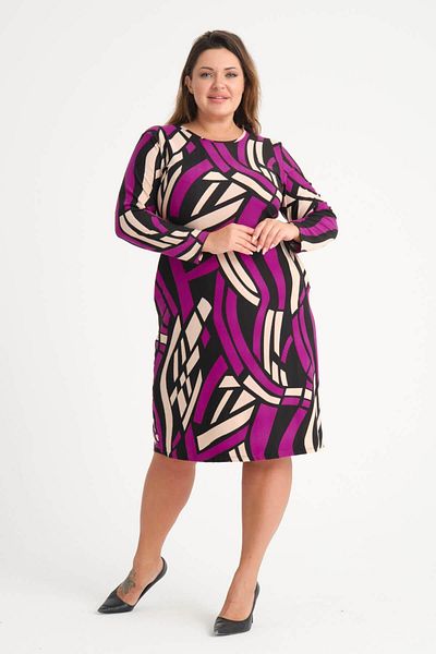 Mooi XXL Women's Purple Beige Geometric Pattern Pocket Detail Large Size Stretchy Suede Dress