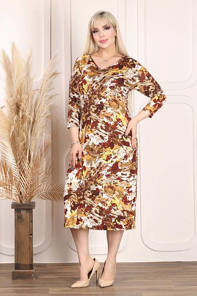 Mooi XXL Women's V-Neck Red Brown Pastel Pattern Plus Size Flexible Dress