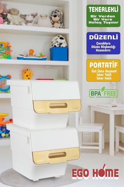 ego home 2-Wheeled Toy Organizing Cabinet with Lid Storage Box Toy Basket Multi-Purpose Mote 24 Lt
