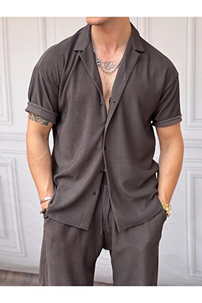 MODEFENDİ Erkek Antrasit Apaçi Yaka İnce Fitilli Regular Fit Kısa Kol Gömlek