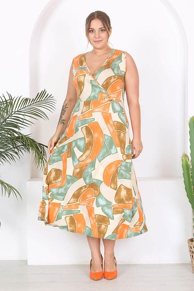 Mooi XXL Orange Green Geometric Print - Sleeveless Double Breasted Maxi Dress, Plus Size