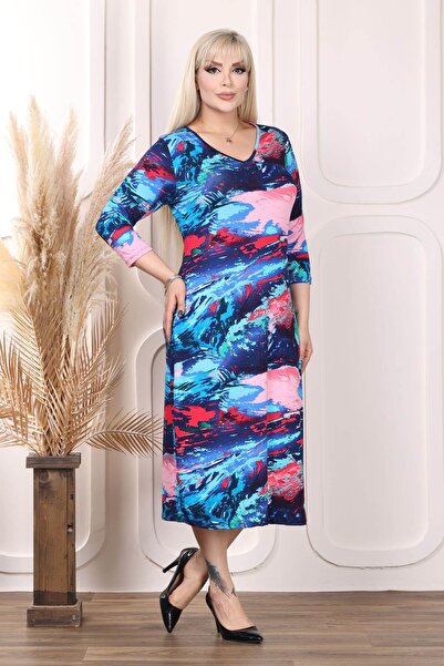 Mooi XXL Women's V-Neck Blue Pink Nebula Pattern Plus Size Flexible Dress