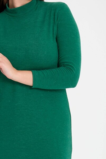 Mooi XXL Kadın Yeşil Yarım Balıkçı Yaka Büyük Beden Yırtmaçlı Esnek Triko Elbise