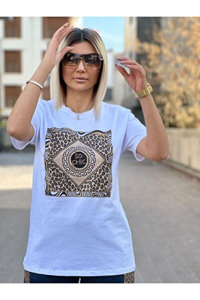 Kokoşum Butik Tricou 7005 Model Stone cu imprimeu cu leopard și detalii albe