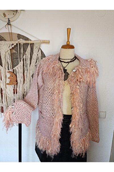 Hippybutik Tüvit Dokuma Görünümlü Yün İpten Beli Büzgülü El Örgüsü Pembe Uzun...