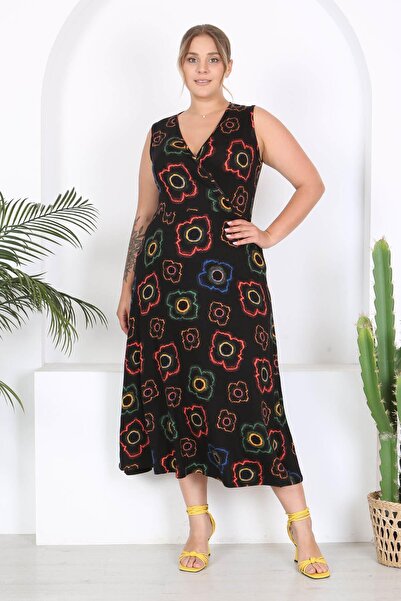Mooi XXL Plus Size Women's Maxi Dress - Black Neon Flower Pattern, Sleeveless, Double Breasted Collar