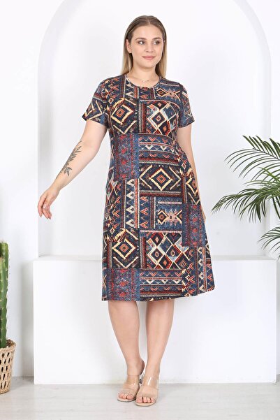 Mooi XXL Rochie midi de damă cu model mozaic albastru