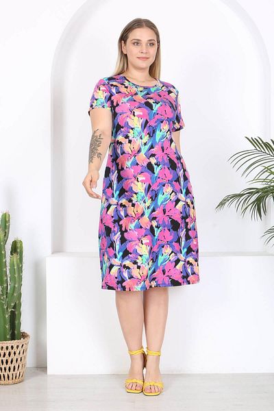 Mooi XXL Purple Floral Watercolor Patterned Women's Midi Dress