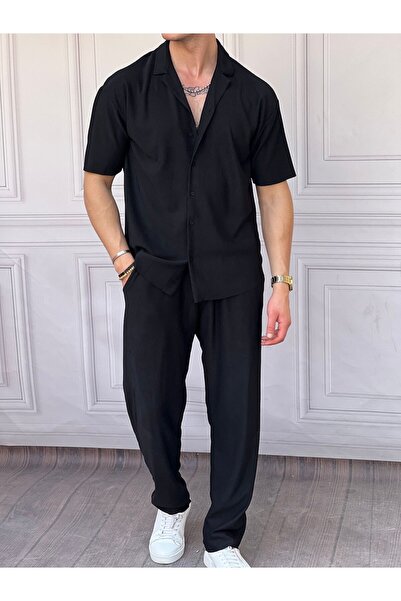 MODEFENDİ Erkek Siyah Apaçi Yaka İnce Fitilli Regular Fit Kısa Kol Gömlek