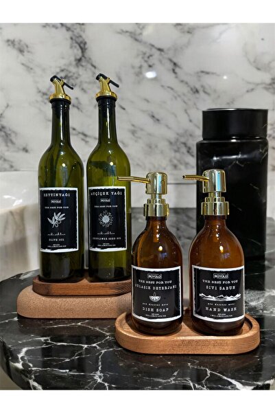 BÜYÜLÜ HOME 6 LI GOLD TIPA VE POMPALI SET AMBER CAM ŞİŞE SET 2 ADET YAĞDANLIK - 2 ADET SABUNLUK SET - 2 STANT