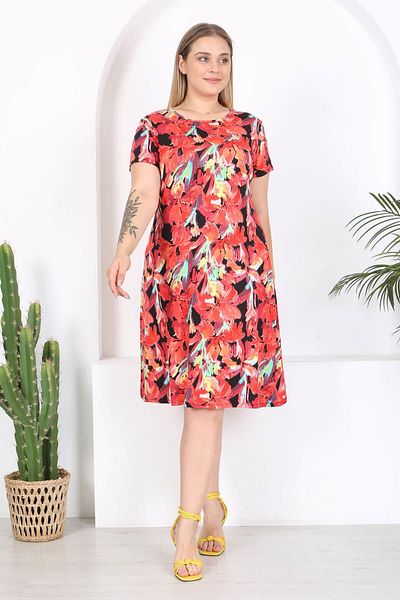 Mooi XXL Red Floral Midi Dress - Watercolor Patterned