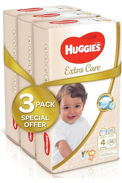 Huggies Extra Care, Size 4, 8-14 kg, Super Jumbo Pack, 204 Diapers