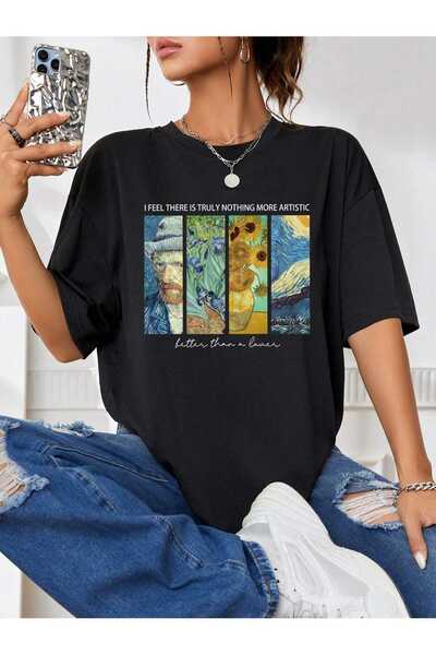 WOODROFFE Εικονογραφημένο εμπριμέ μαύρο oversize casual μπλουζάκι Boyfriend