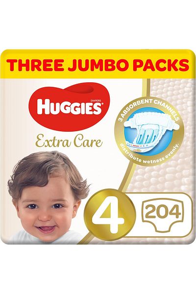 Huggies Extra Care, Size 4, 8-14 kg, Super Jumbo Pack, 204 Diapers