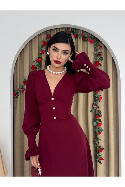 Julidress Rochie premium cu mâneci lungi, cu decolteu în V, cu nasturi perle bordeaux