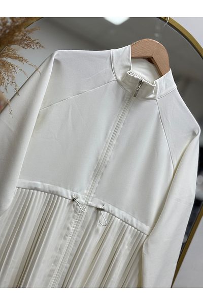 Ebrar Store Nefise Waist Pleated Zip-Up Cardigan-Eu2280 White