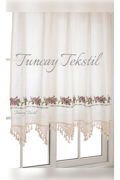 TUNCAY TEKSTİL Buldan Curtain Lilac Cross Stitched Hand Lace Linen Sunshade Basement Curtain