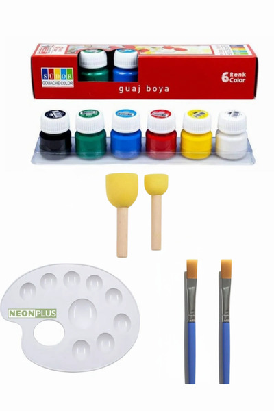 NEON PLUS Guaj Boya 6x20ml, 2 Adet Fırça, 2'li Ponpon, Ve Palet