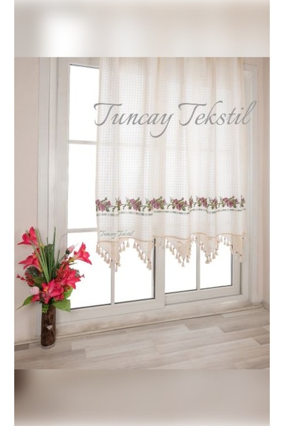 TUNCAY TEKSTİL Lilac Cross Stitched Buldan Work Cross Stitch Hand Lace Canvas Linen Curtain