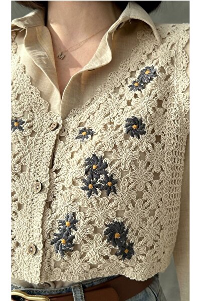 TOPSHOW Linen Blended Shirt with Guipure Detail