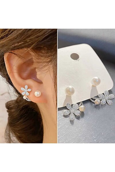 toptanhanem Çiçek Tasarım Çelik Küpe, İnci Detay Zirkon Taşlı Gümüş Kaplama