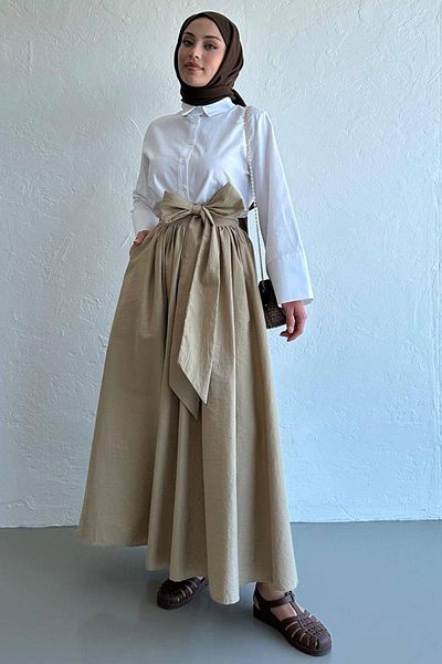 MELEK ARAZ Μπεζ Linda Belted Maxi φούστα