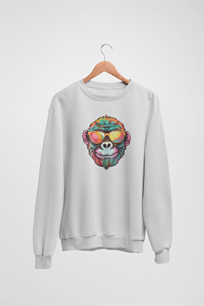 Butik Unisex Long Sleeve Colorful, Gogged Gorilla Transfer Printed Crew Neck ...