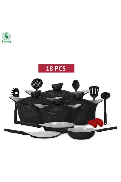 badreig LAHOYA CERAMIC COATED COOKWARE SET 18 PCS (BLACK) |Made in Saudi