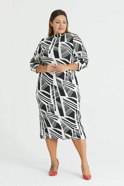 Mooi XXL Rochie de damă, alb-negru, cu linie geometrică, cu jumătate de gât țesut, cu fantă, elastică, din piele intoarsa