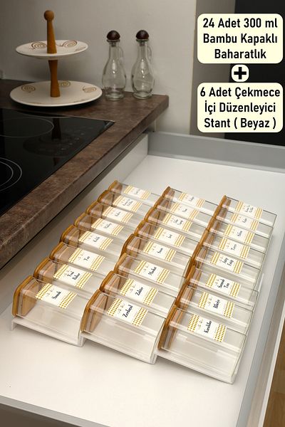 color house 24 Bamboo Lids 300ml Borosilicate (Cam) Seasoning Jar and 6 Organizer Stands (White)