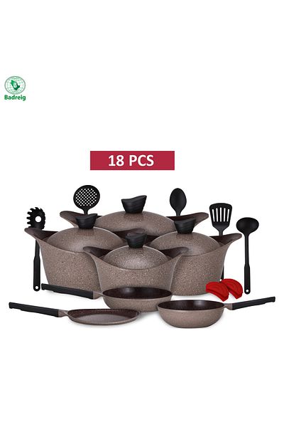 badreig LAHOYA CERAMIC COATED COOKWARE SET 18 PCS (BROUWN) |Made in Saudi