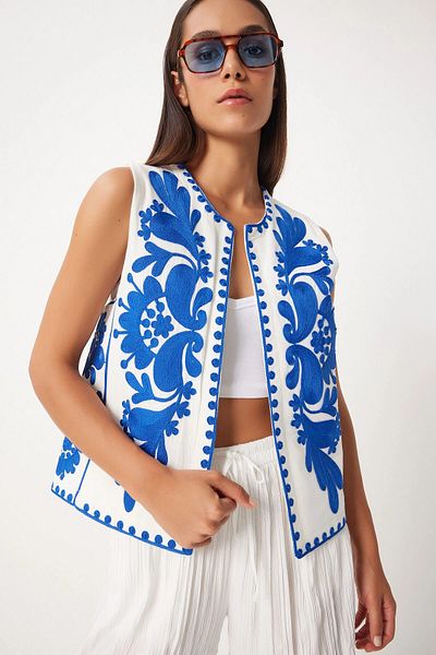 bacc Women's White-Blue Embroidery Detailed Linen Vest Bceq- 252736