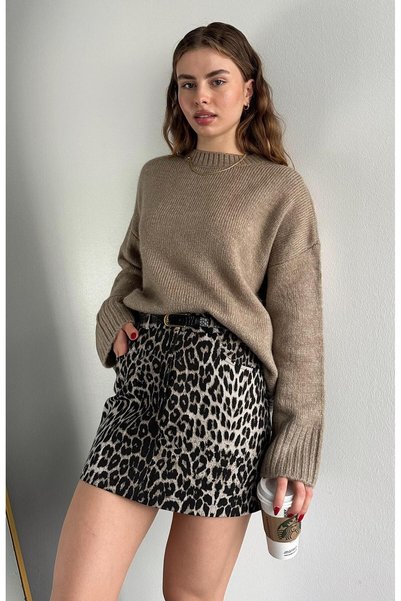 yeditepe fashion Women's Crew Neck Oversize Knitwear Sweater Mink