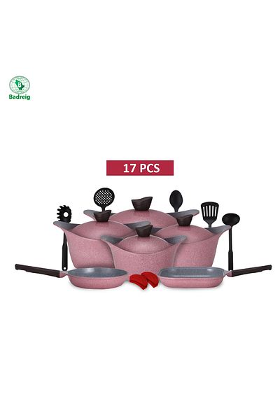 badreig LAHOYA CERAMIC COATED COOKWARE SET 17 PCS (PINK) |Made in Saudi