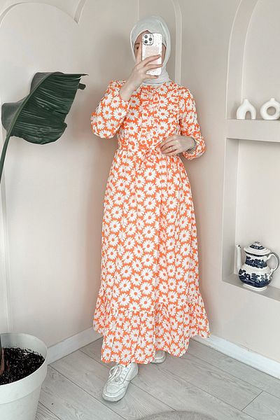 ModaAycan Orange Daisy Print Dress - Ma316