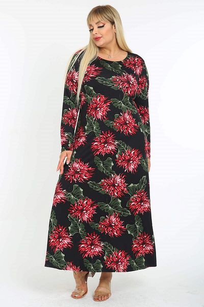 benni butik Rochie maxi de damă, verde burgundă, cu model floral, mărime mare