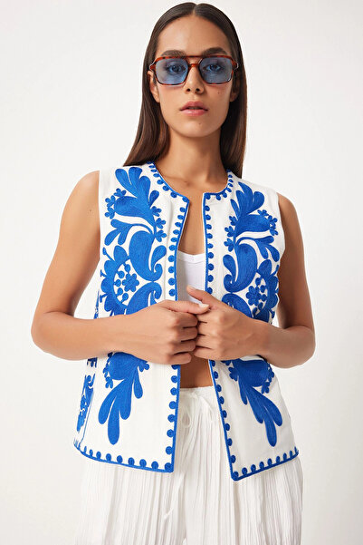 bacc Women's White-Blue Embroidery Detailed Linen Vest Bceq- 252736