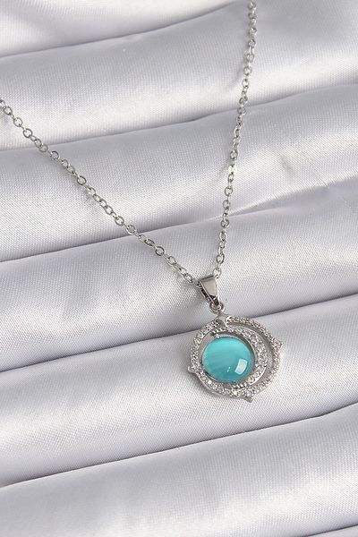 NEZADE STORE 316L Steel Silver Color Blue Pearlescent Crescent Model Women's Necklace - Lisinya