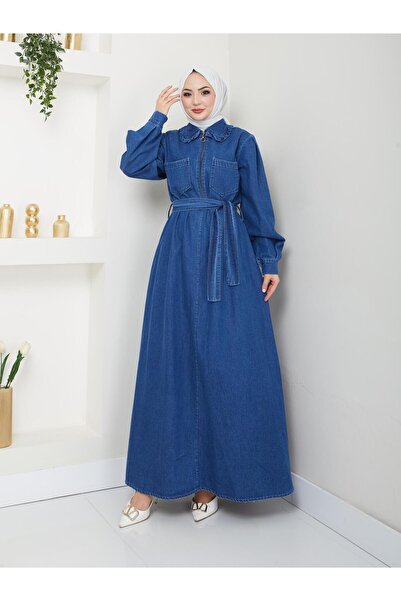 Miraydın Butik Women's Zipper Detailed Hijab Denim Dress