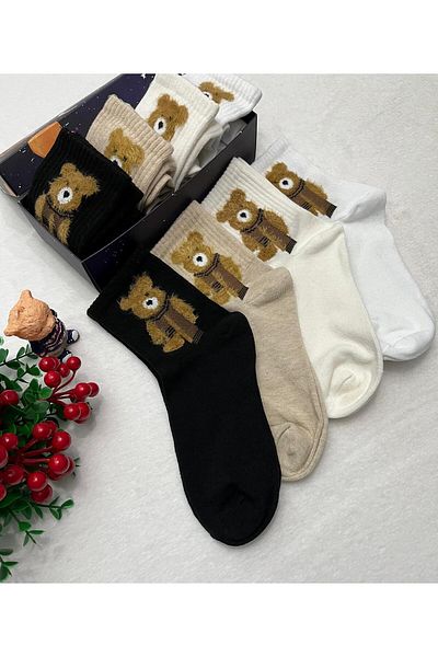 FUBA Aksesuar 4-Piece Feather Teddy Bear Pattern Socks Boxed Premium Socks