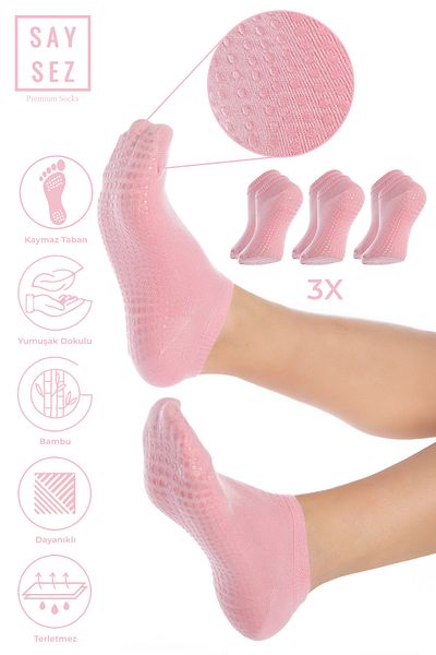 SAYSEZ Bamboo Women's Anti-Slip Sole Pink Silicone Print Pilates Yoga Fitness Dance Activity Booties Socks 3-Piece