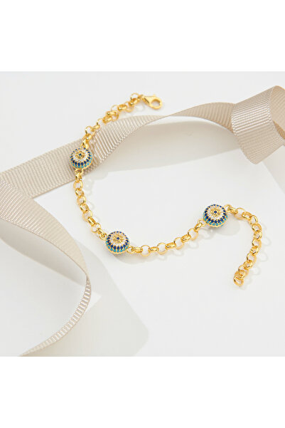Siset Gümüş 925 Ayar Sarı Altın Kaplama Nazar Boncuklu Gümüş Bileklik