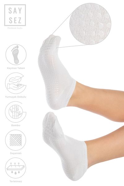 SAYSEZ Bamboo Women's Anti-Slip Sole White Silicone Print Pilates Yoga Fitness Dance Activity Booties Socks