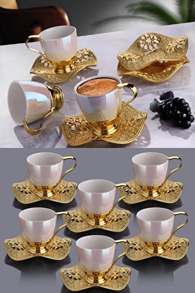 BİTERSE 6 Kişilik Lüks Gold İnci Desenli Kahve Fincan Takımı Nisa Kahve Seti