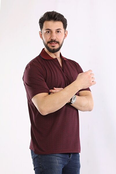 HEDEFNUR TEKSTİL Men's Burgundy Father T-Shirt with Collar and Pocket Patterned Model Classic Cut