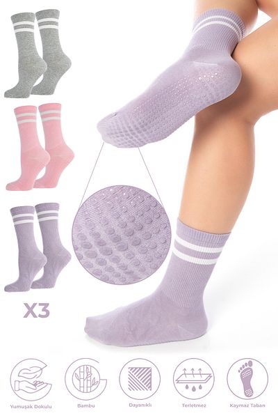 SAYSEZ Colorful Bamboo Women's Tennis Socks - Anti-Slip Base, Silicone Print, Set of 3 for Pilates Yoga Fitness Activity
