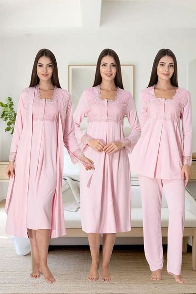 Effortt Elegant Lace Detailed Maternity & Maternity Sleepwear & Dressing Gown Set - Primum 4 Pieces